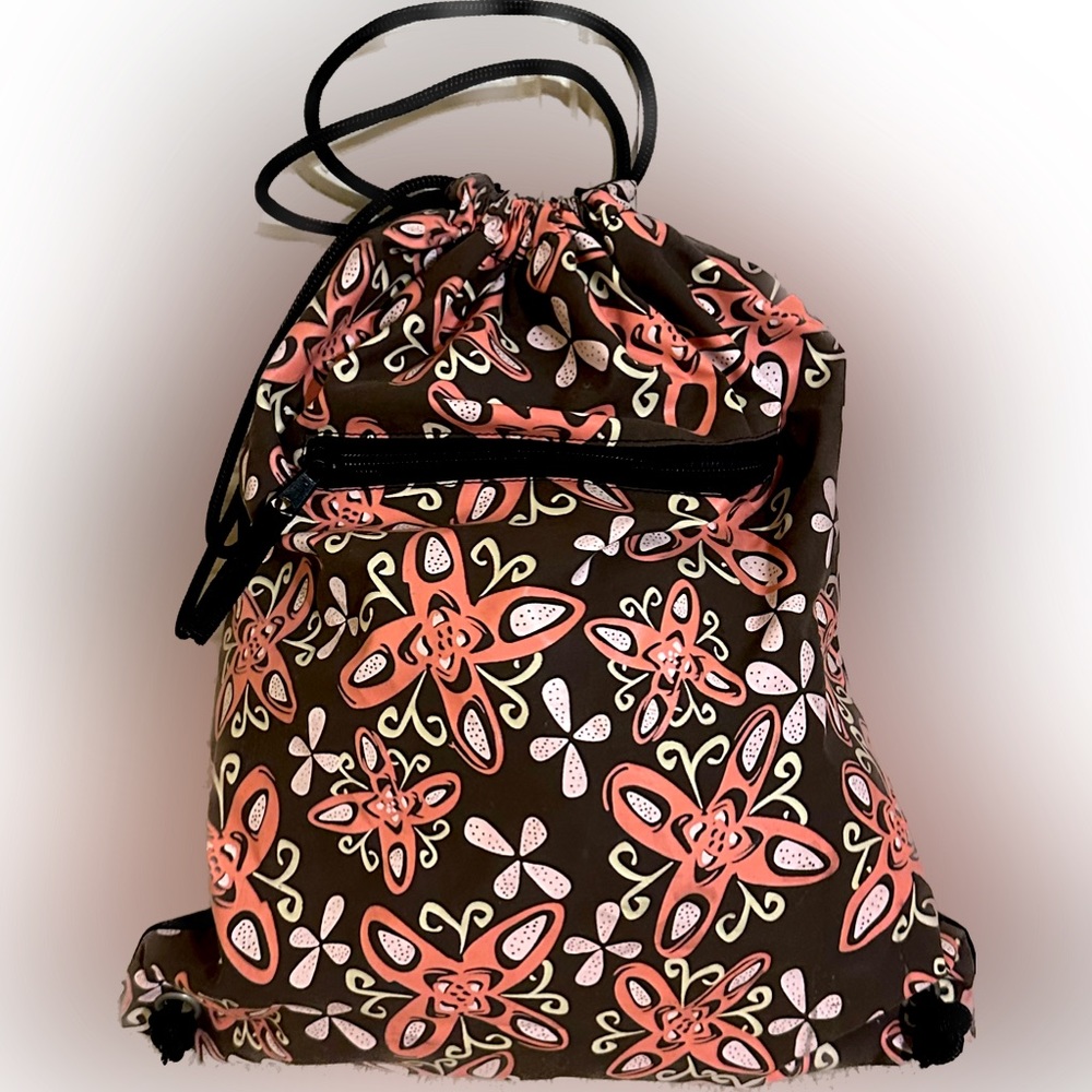 Drawstring Backpack Sack Bag Purse Brown Coral Pink Floral Butterfly School hand